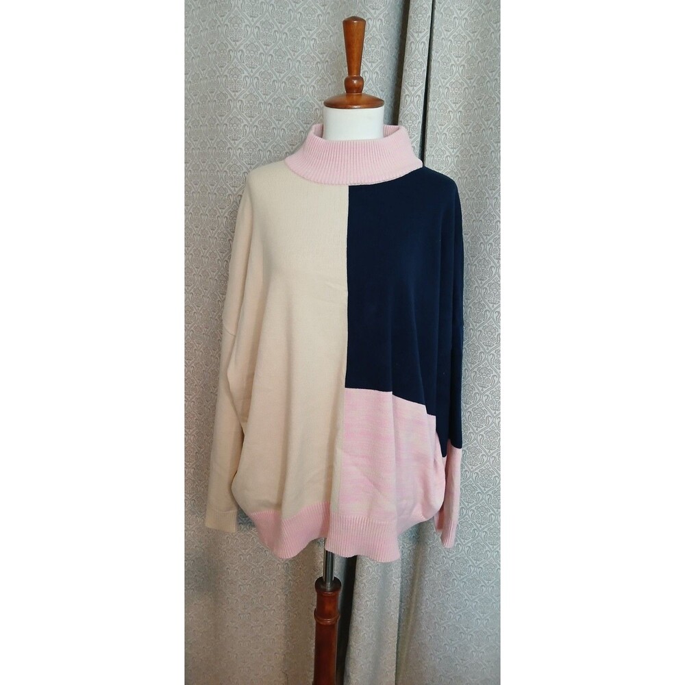 THML Colorblock Sweater Mock Neck Pullover Size Large Pink Blue Beige